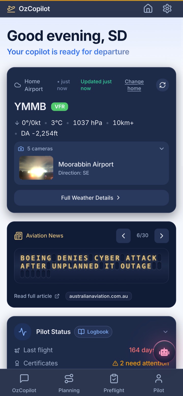 OzCopilot home flight deck with decoded weather, runway wind and webcams