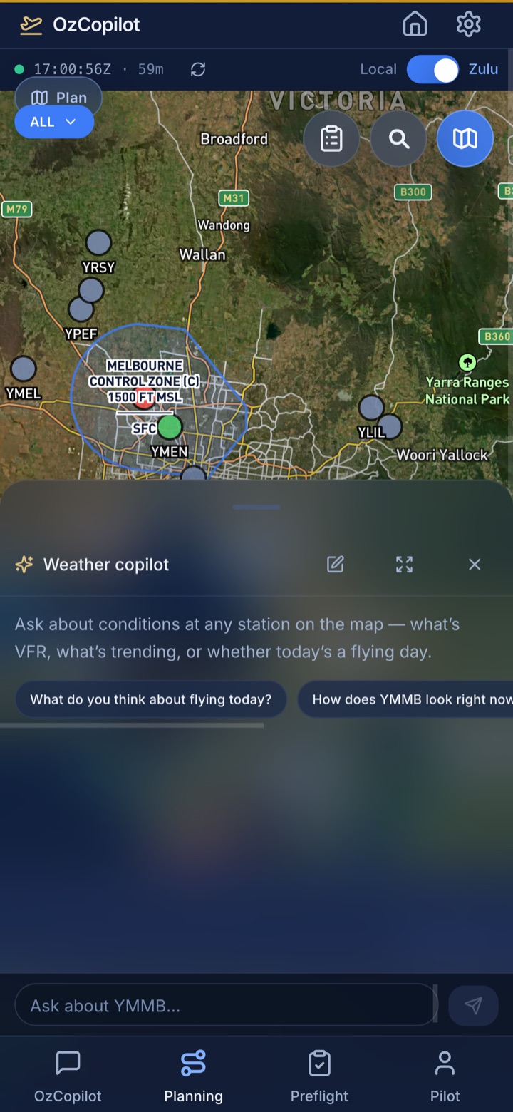 Copilot drawer open over the weather map with station-aware suggested questions
