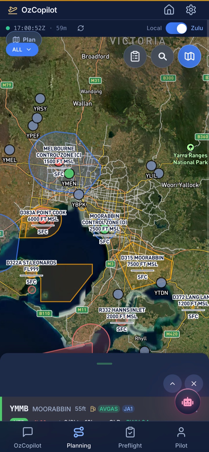 METAR weather map with Moorabbin control zone overlay and decoded station details