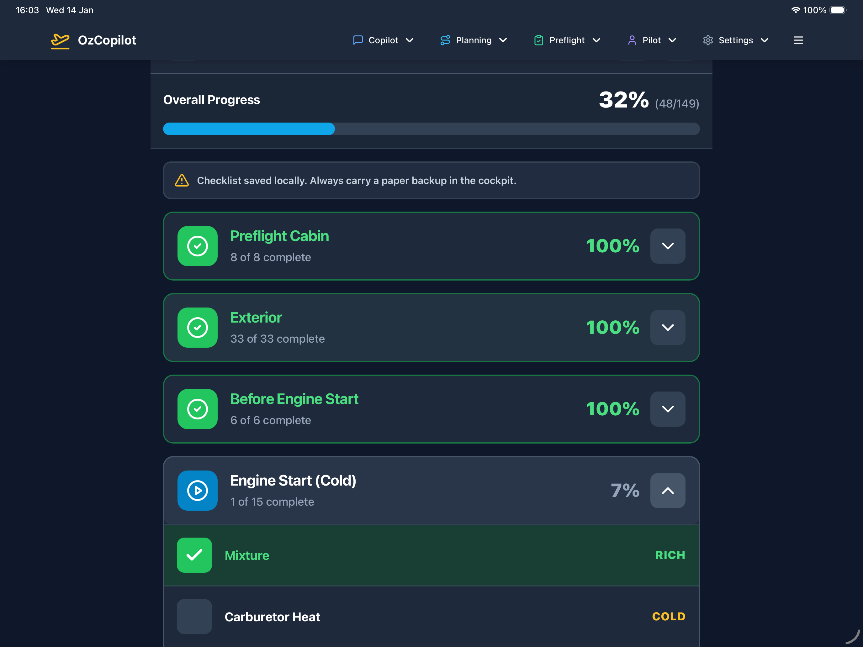 Checklists and preflight flows